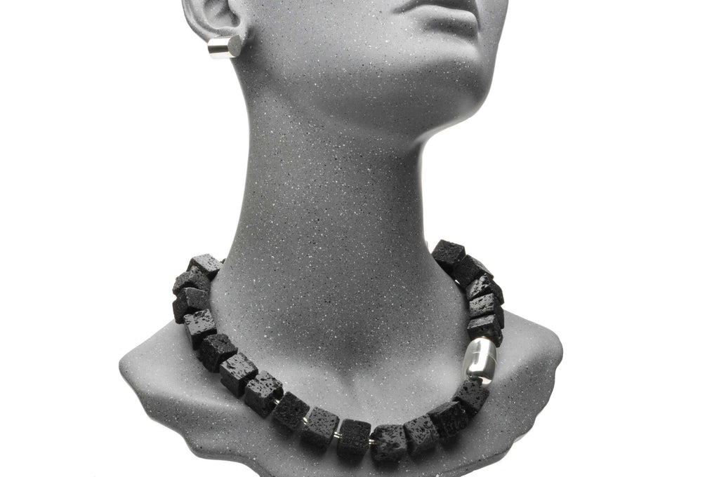 Sterling Silver centre piece with magnetic clasp, Lava Rock cubes.
Earrings E072 $320.00 $790.00