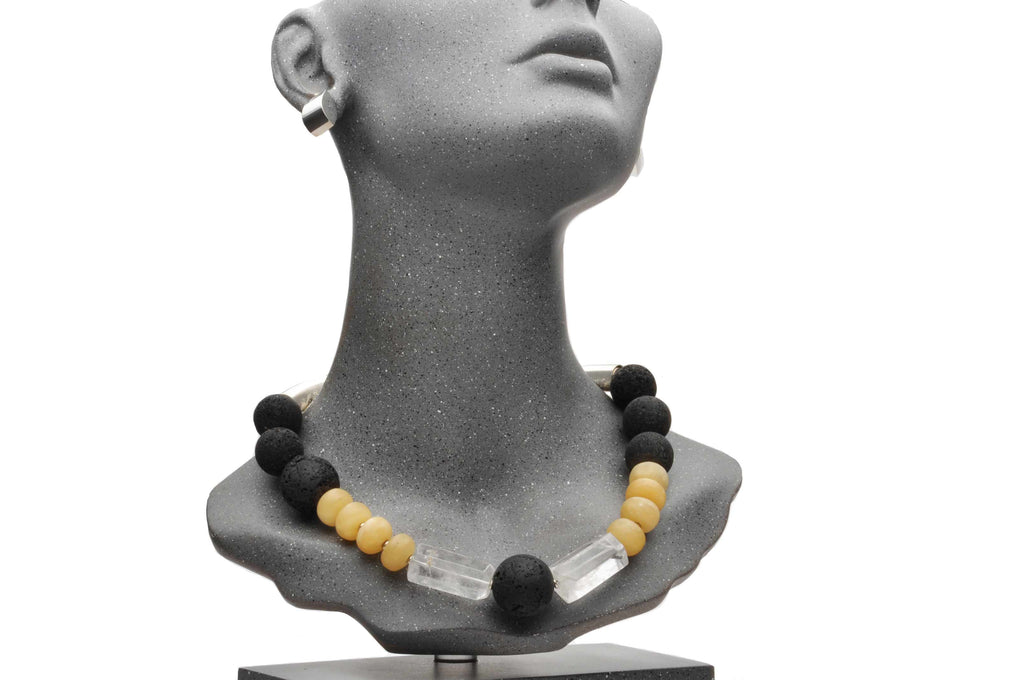 Necklace, one-of-a-kind, combined Lava Rock, Natural Crystal, Amber, Sterling Silver. $790.00