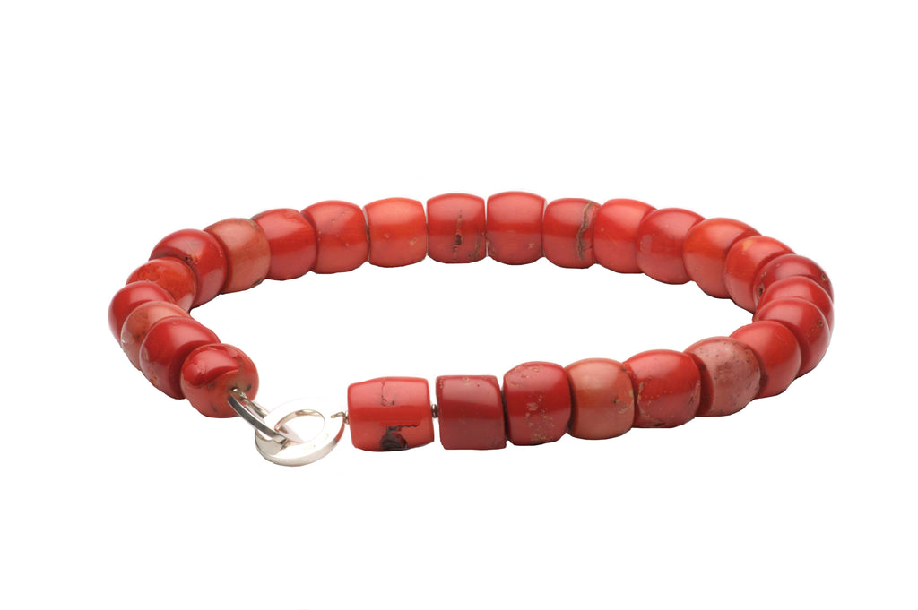 Necklace Coral and Sterling Silver Puzzle Clasp, equal size beads. $590.00